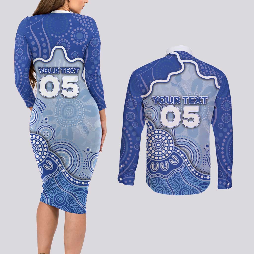 Custom Roos Football Couples Matching Long Sleeve Bodycon Dress and Long Sleeve Button Shirt Aboriginal Dot Art Pattern