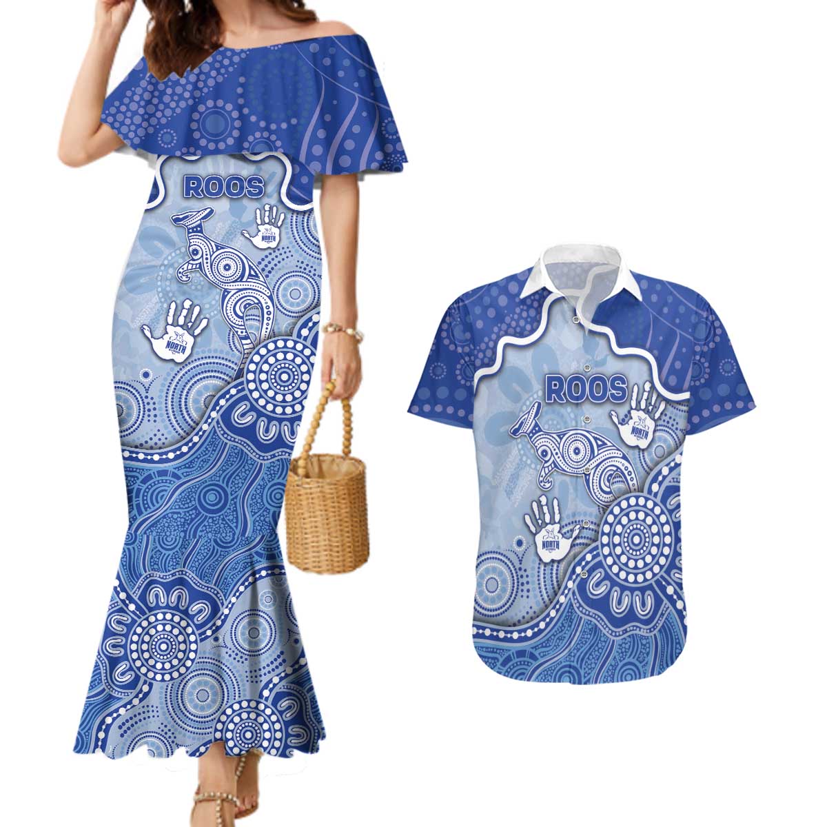 Custom Roos Football Couples Matching Mermaid Dress and Hawaiian Shirt Aboriginal Dot Art Pattern