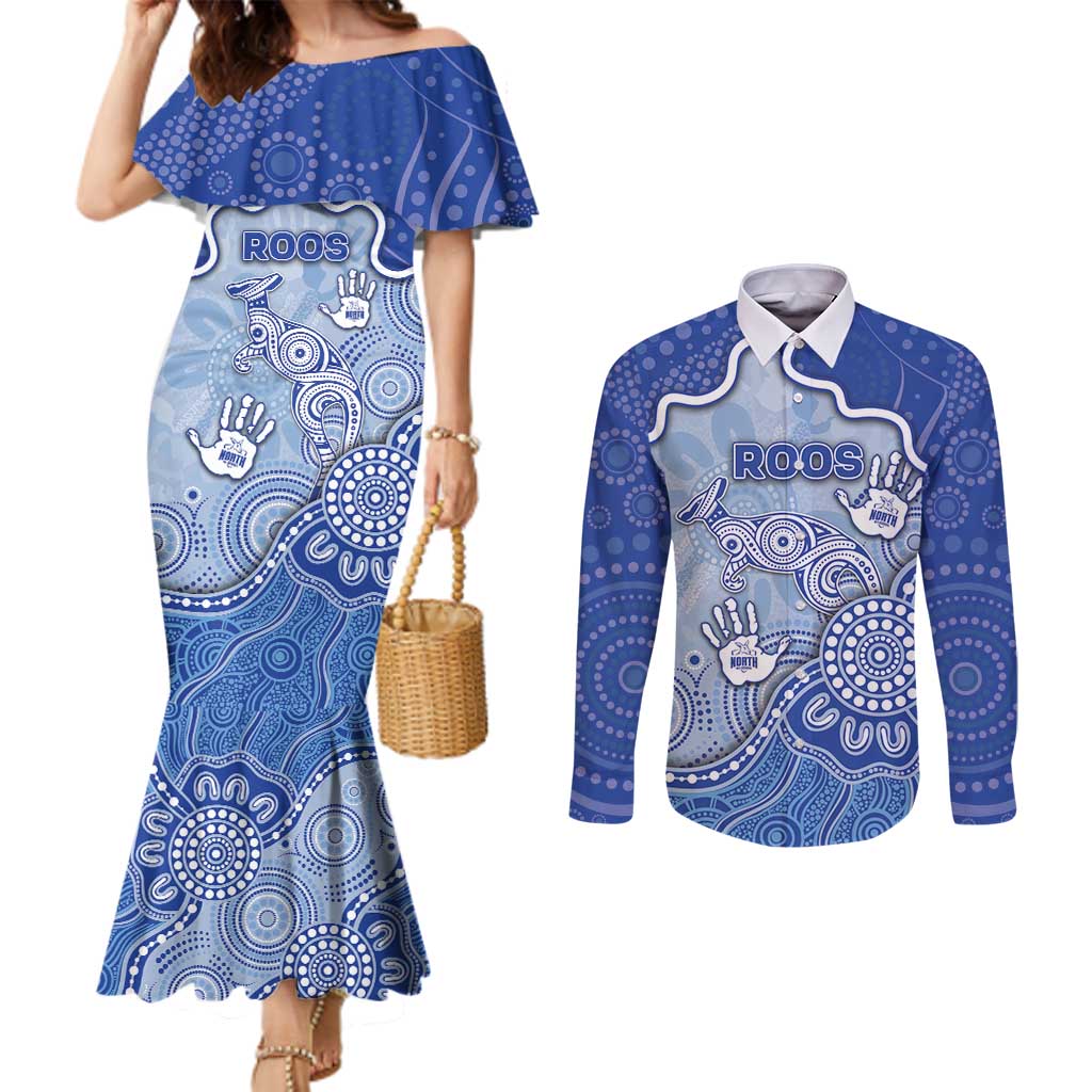 Custom Roos Football Couples Matching Mermaid Dress and Long Sleeve Button Shirt Aboriginal Dot Art Pattern