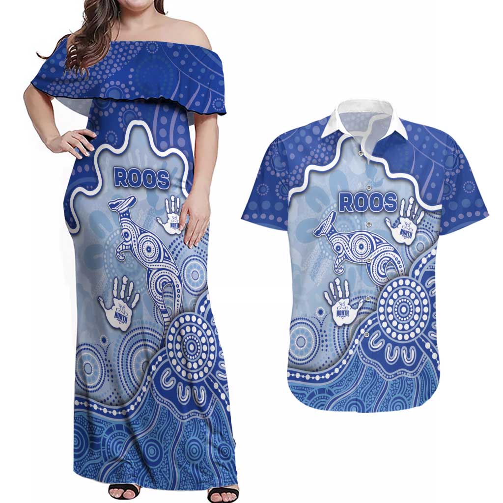 Custom Roos Football Couples Matching Off Shoulder Maxi Dress and Hawaiian Shirt Aboriginal Dot Art Pattern