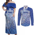 Custom Roos Football Couples Matching Off Shoulder Maxi Dress and Long Sleeve Button Shirt Aboriginal Dot Art Pattern