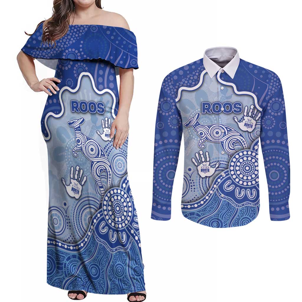Custom Roos Football Couples Matching Off Shoulder Maxi Dress and Long Sleeve Button Shirt Aboriginal Dot Art Pattern