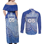 Custom Roos Football Couples Matching Off Shoulder Maxi Dress and Long Sleeve Button Shirt Aboriginal Dot Art Pattern