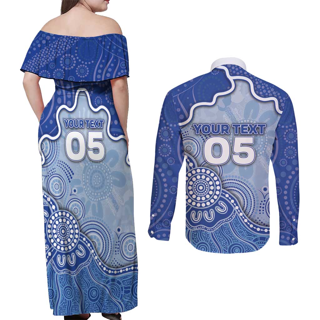 Custom Roos Football Couples Matching Off Shoulder Maxi Dress and Long Sleeve Button Shirt Aboriginal Dot Art Pattern