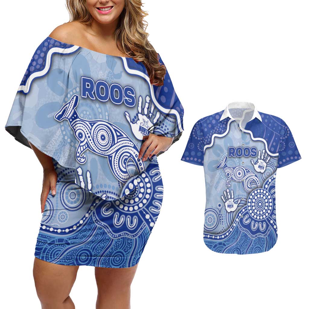 Custom Roos Football Couples Matching Off Shoulder Short Dress and Hawaiian Shirt Aboriginal Dot Art Pattern