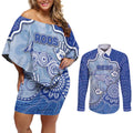 Custom Roos Football Couples Matching Off Shoulder Short Dress and Long Sleeve Button Shirt Aboriginal Dot Art Pattern
