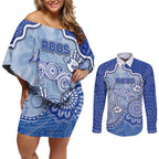 Custom Roos Football Couples Matching Off Shoulder Short Dress and Long Sleeve Button Shirt Aboriginal Dot Art Pattern