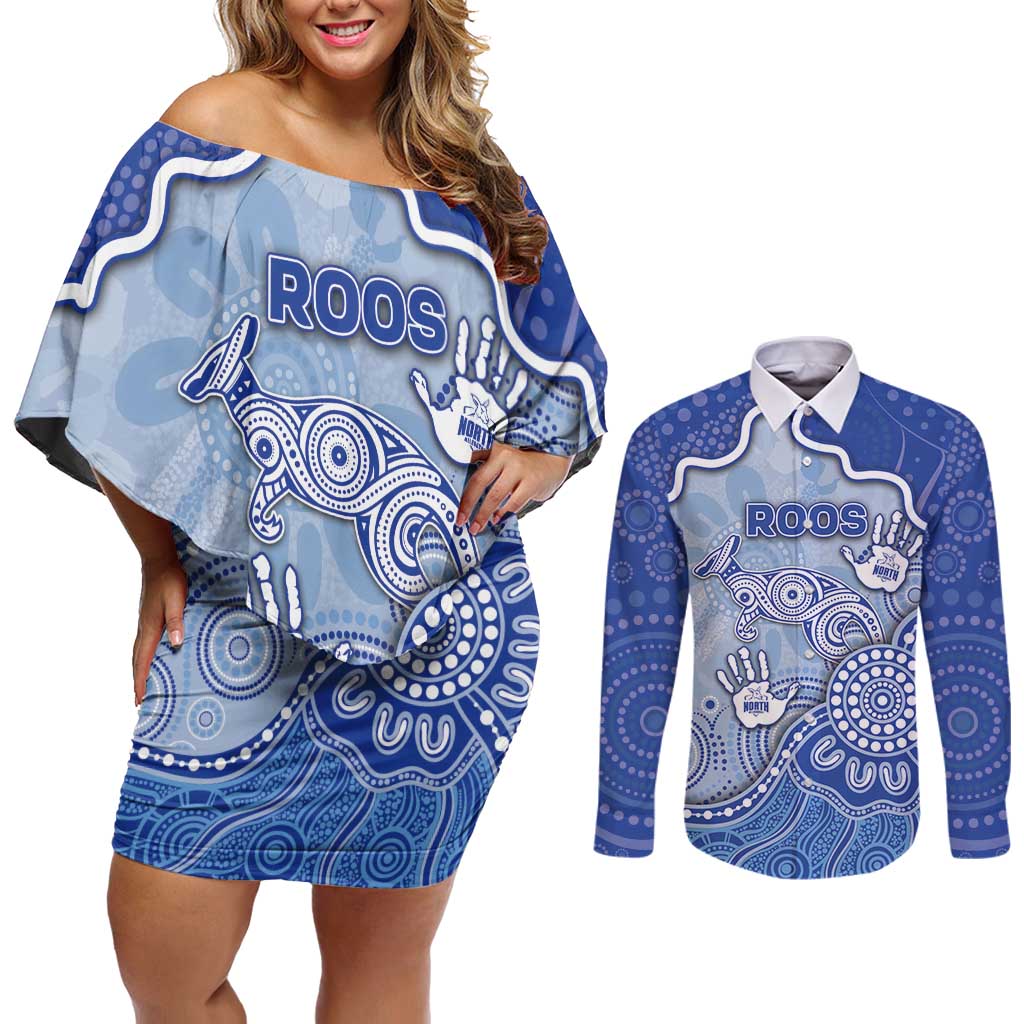 Custom Roos Football Couples Matching Off Shoulder Short Dress and Long Sleeve Button Shirt Aboriginal Dot Art Pattern