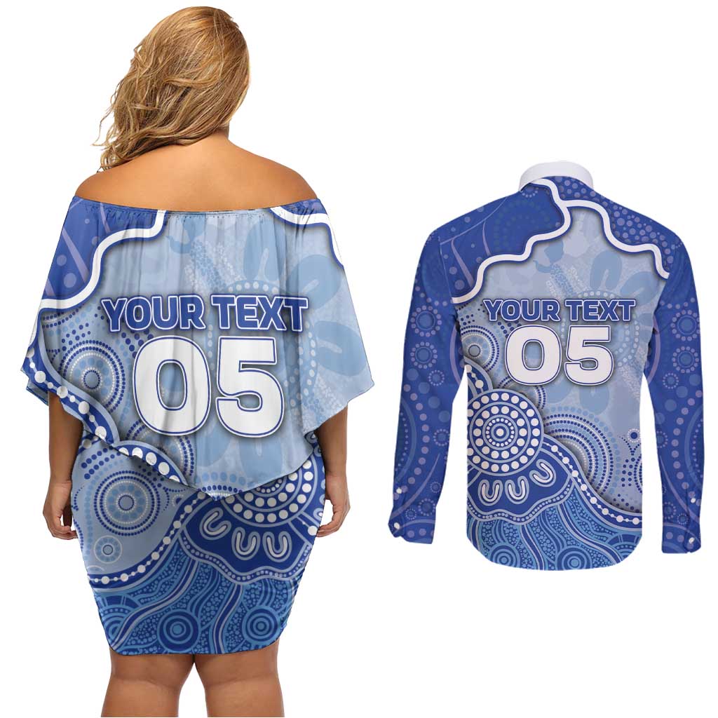 Custom Roos Football Couples Matching Off Shoulder Short Dress and Long Sleeve Button Shirt Aboriginal Dot Art Pattern