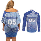 Custom Roos Football Couples Matching Off Shoulder Short Dress and Long Sleeve Button Shirt Aboriginal Dot Art Pattern