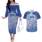 Custom Roos Football Couples Matching Off The Shoulder Long Sleeve Dress and Hawaiian Shirt Aboriginal Dot Art Pattern
