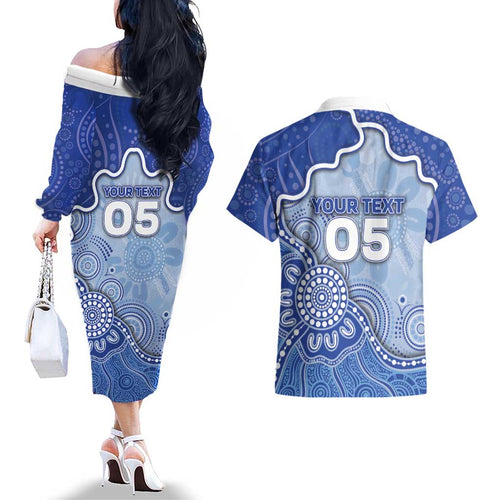 Custom Roos Football Couples Matching Off The Shoulder Long Sleeve Dress and Hawaiian Shirt Aboriginal Dot Art Pattern
