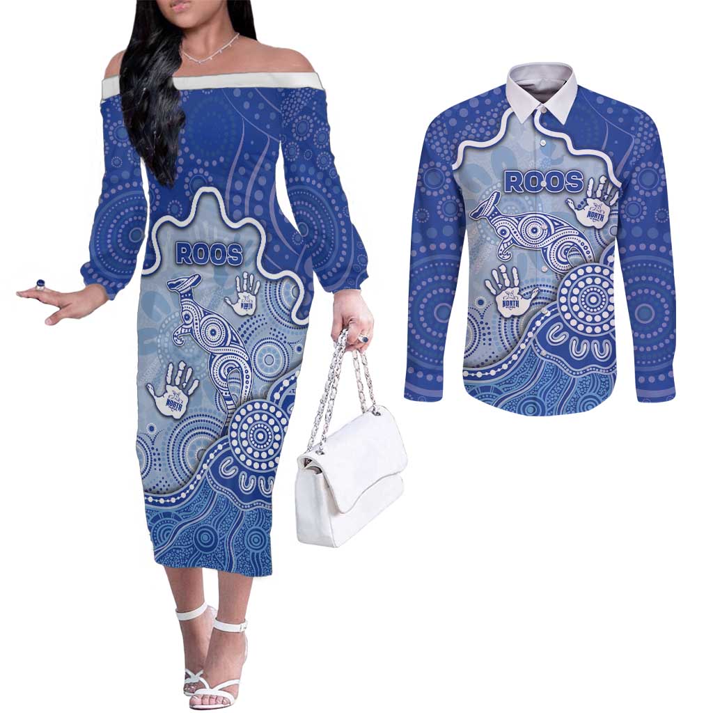 Custom Roos Football Couples Matching Off The Shoulder Long Sleeve Dress and Long Sleeve Button Shirt Aboriginal Dot Art Pattern