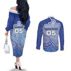 Custom Roos Football Couples Matching Off The Shoulder Long Sleeve Dress and Long Sleeve Button Shirt Aboriginal Dot Art Pattern