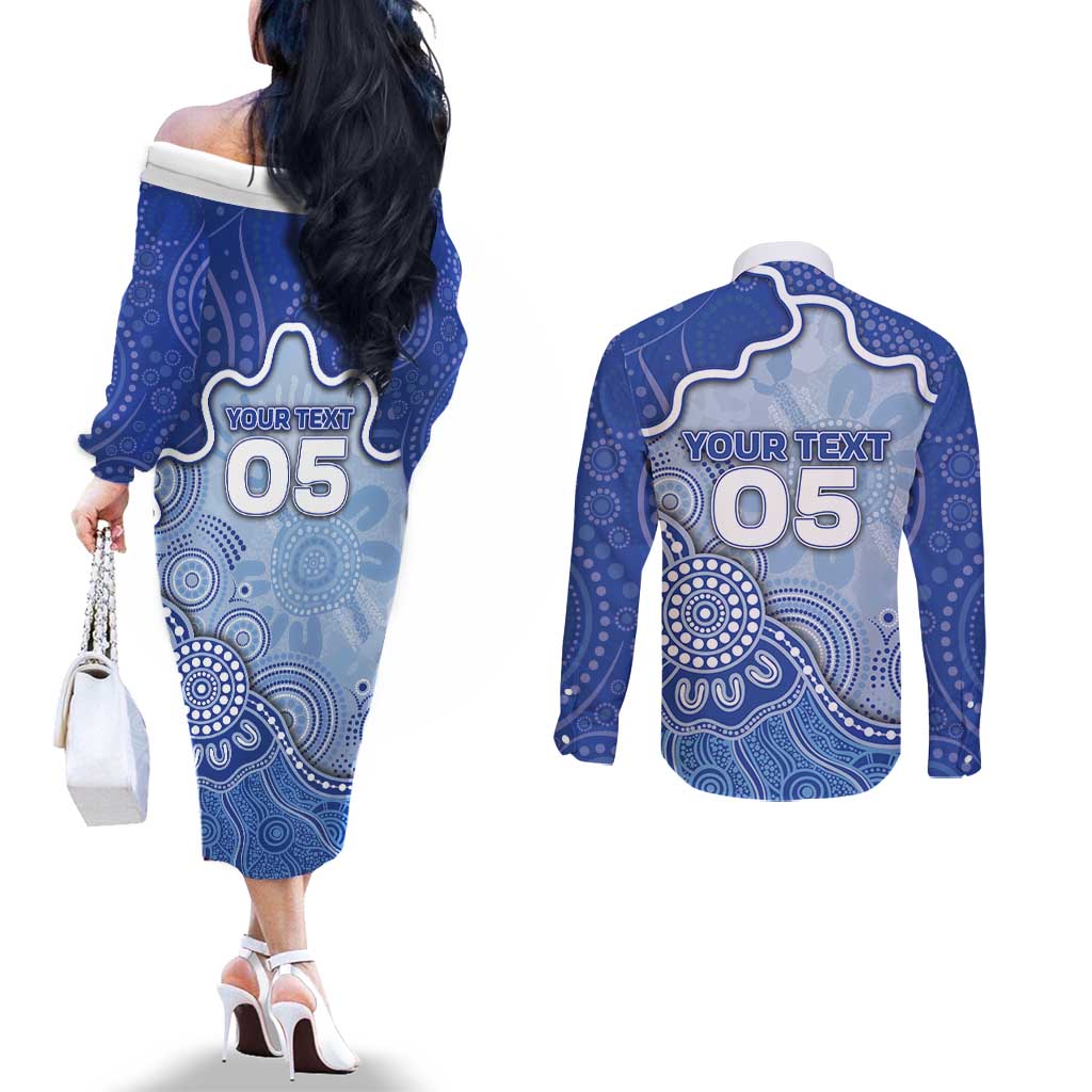 Custom Roos Football Couples Matching Off The Shoulder Long Sleeve Dress and Long Sleeve Button Shirt Aboriginal Dot Art Pattern