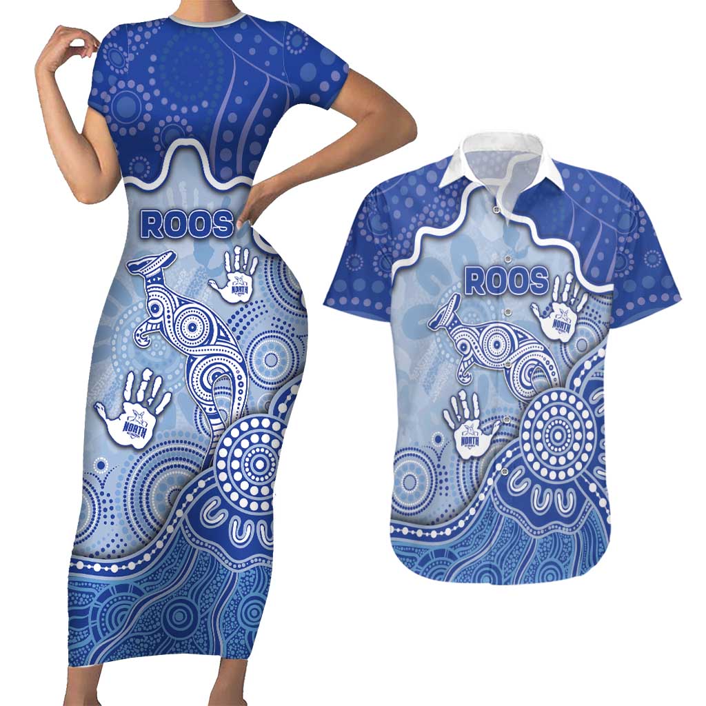 Custom Roos Football Couples Matching Short Sleeve Bodycon Dress and Hawaiian Shirt Aboriginal Dot Art Pattern