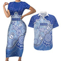 Custom Roos Football Couples Matching Short Sleeve Bodycon Dress and Hawaiian Shirt Aboriginal Dot Art Pattern