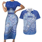 Custom Roos Football Couples Matching Short Sleeve Bodycon Dress and Hawaiian Shirt Aboriginal Dot Art Pattern