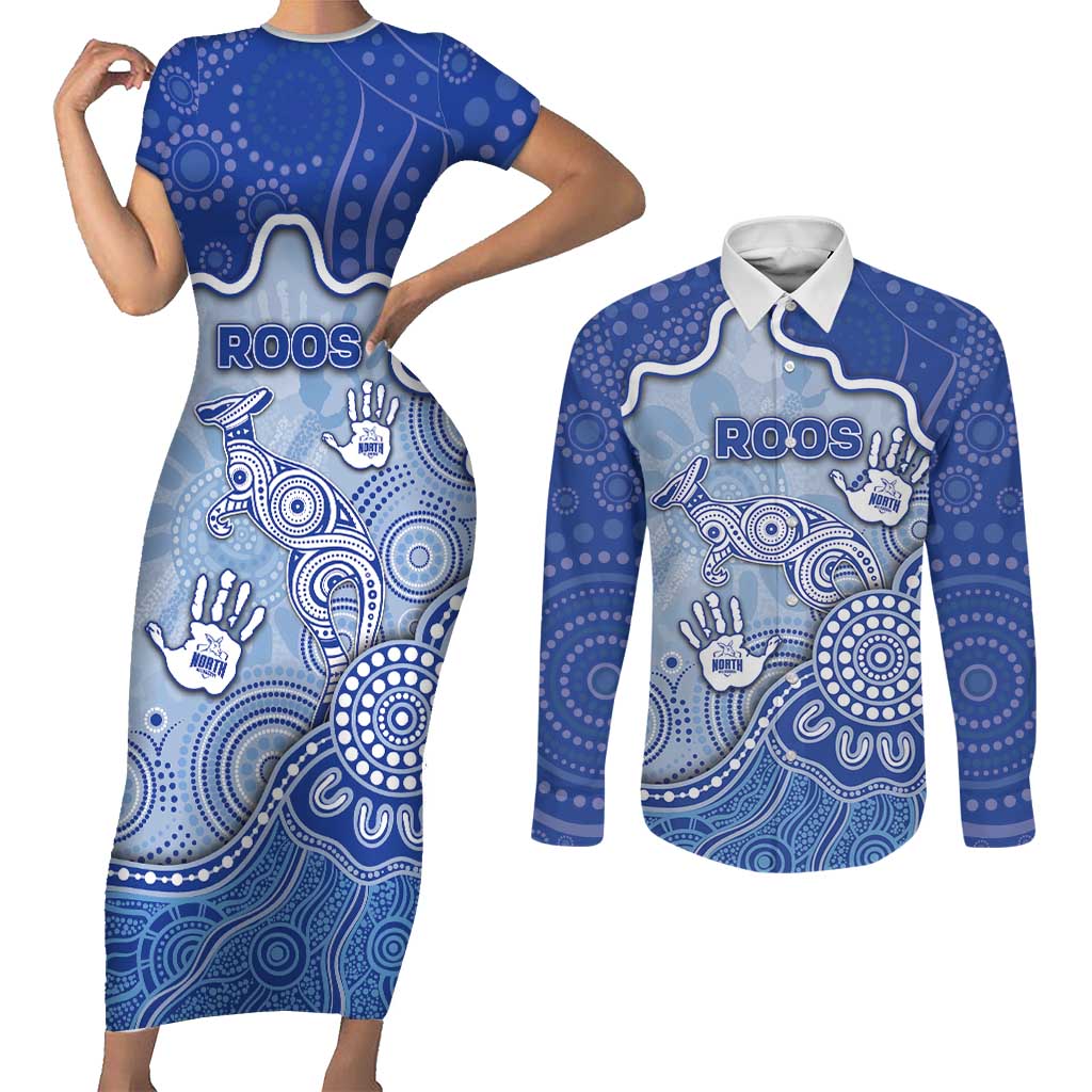 Custom Roos Football Couples Matching Short Sleeve Bodycon Dress and Long Sleeve Button Shirt Aboriginal Dot Art Pattern