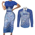 Custom Roos Football Couples Matching Short Sleeve Bodycon Dress and Long Sleeve Button Shirt Aboriginal Dot Art Pattern