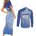Custom Roos Football Couples Matching Short Sleeve Bodycon Dress and Long Sleeve Button Shirt Aboriginal Dot Art Pattern
