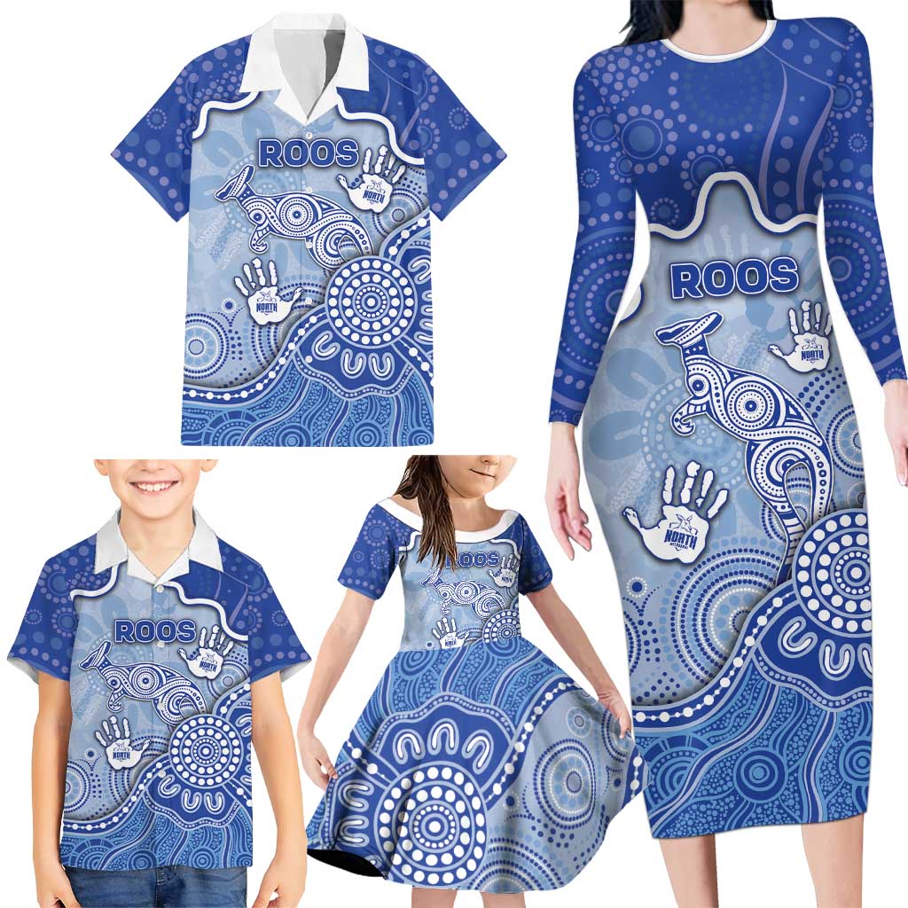 Custom Roos Football Family Matching Long Sleeve Bodycon Dress and Hawaiian Shirt Aboriginal Dot Art Pattern