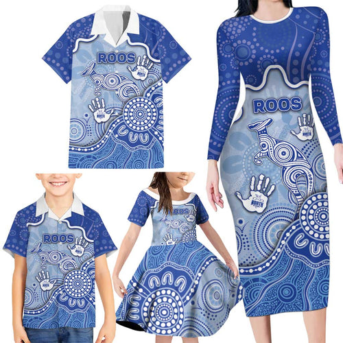 Custom Roos Football Family Matching Long Sleeve Bodycon Dress and Hawaiian Shirt Aboriginal Dot Art Pattern
