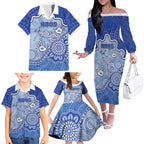Custom Roos Football Family Matching Off The Shoulder Long Sleeve Dress and Hawaiian Shirt Aboriginal Dot Art Pattern