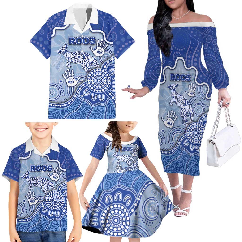Custom Roos Football Family Matching Off The Shoulder Long Sleeve Dress and Hawaiian Shirt Aboriginal Dot Art Pattern