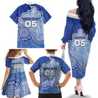 Custom Roos Football Family Matching Off The Shoulder Long Sleeve Dress and Hawaiian Shirt Aboriginal Dot Art Pattern