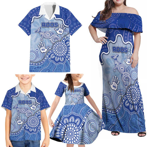 Custom Roos Football Family Matching Off Shoulder Maxi Dress and Hawaiian Shirt Aboriginal Dot Art Pattern