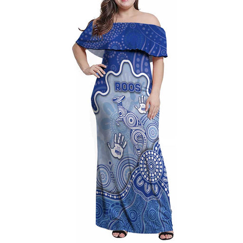 Custom Roos Football Family Matching Off Shoulder Maxi Dress and Hawaiian Shirt Aboriginal Dot Art Pattern