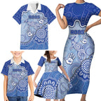 Custom Roos Football Family Matching Short Sleeve Bodycon Dress and Hawaiian Shirt Aboriginal Dot Art Pattern