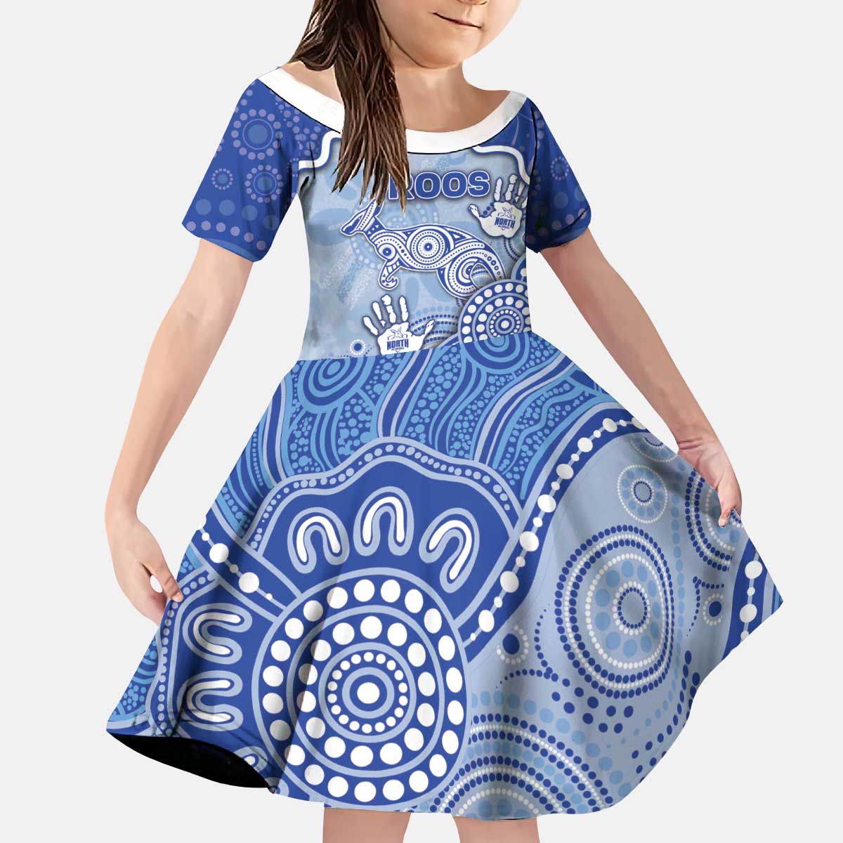 Custom Roos Football Kid Short Sleeve Dress Aboriginal Dot Art Pattern