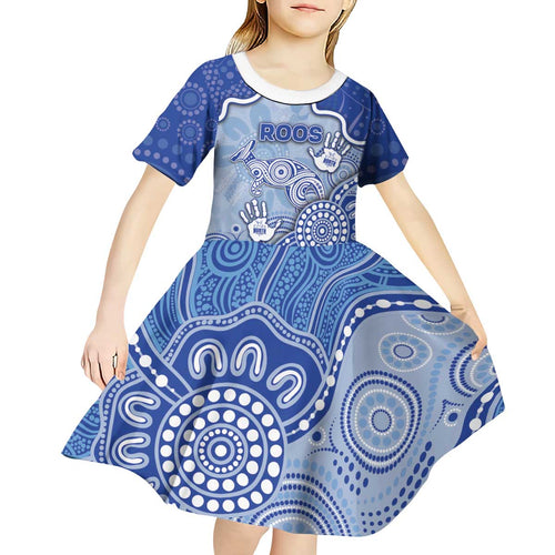 Custom Roos Football Kid Short Sleeve Dress Aboriginal Dot Art Pattern