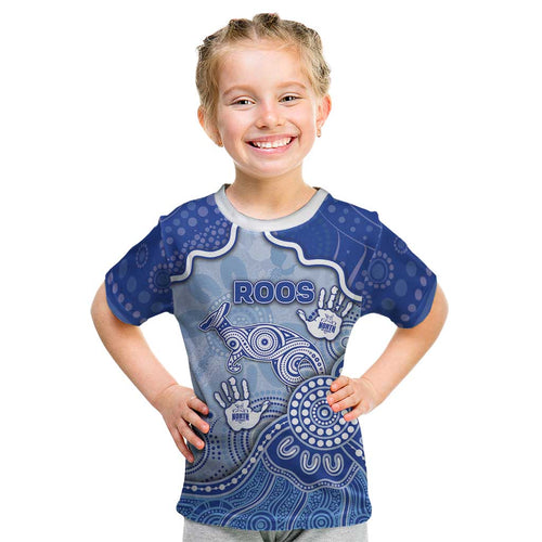 Custom Roos Football Kid T Shirt Aboriginal Dot Art Pattern