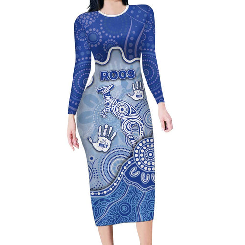 Custom Roos Football Long Sleeve Bodycon Dress Aboriginal Dot Art Pattern