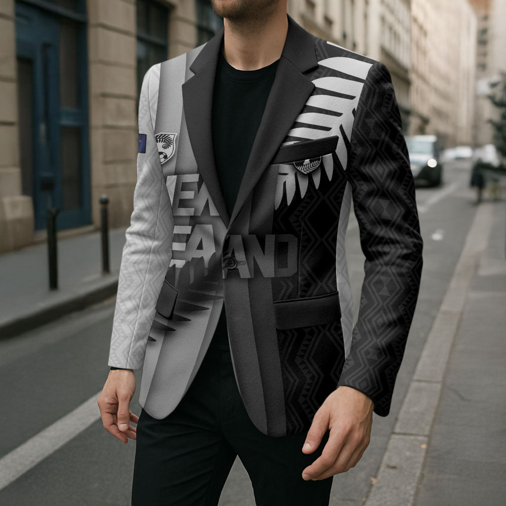 Custom New Zealand Football Blazer Silver Fern Maori Pattern Monochrome