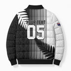 Custom New Zealand Football Bomber Puffer Jacket Silver Fern Maori Pattern Monochrome