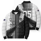 Custom New Zealand Football Bomber Puffer Jacket Silver Fern Maori Pattern Monochrome