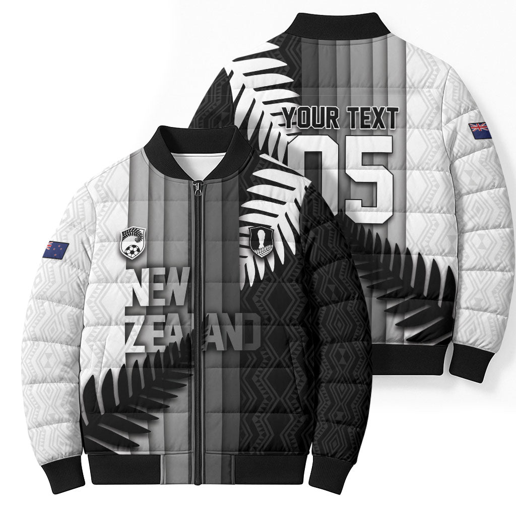 Custom New Zealand Football Bomber Puffer Jacket Silver Fern Maori Pattern Monochrome