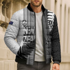 Custom New Zealand Football Bomber Puffer Jacket Silver Fern Maori Pattern Monochrome