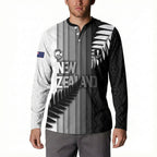 Custom New Zealand Football Button Sweatshirt Silver Fern Maori Pattern Monochrome