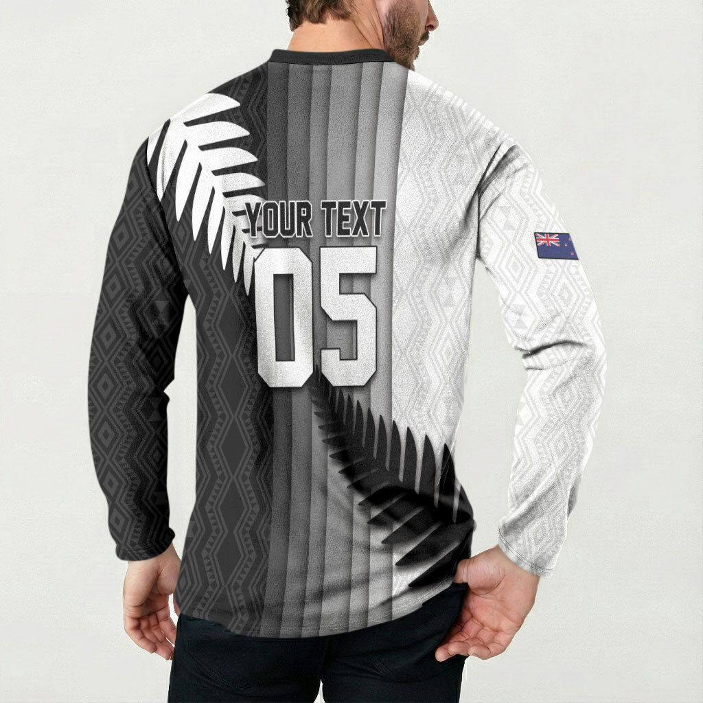 Custom New Zealand Football Button Sweatshirt Silver Fern Maori Pattern Monochrome