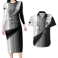 Custom New Zealand Football Couples Matching Long Sleeve Bodycon Dress and Hawaiian Shirt Silver Fern Maori Pattern Monochrome