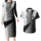 Custom New Zealand Football Couples Matching Long Sleeve Bodycon Dress and Hawaiian Shirt Silver Fern Maori Pattern Monochrome