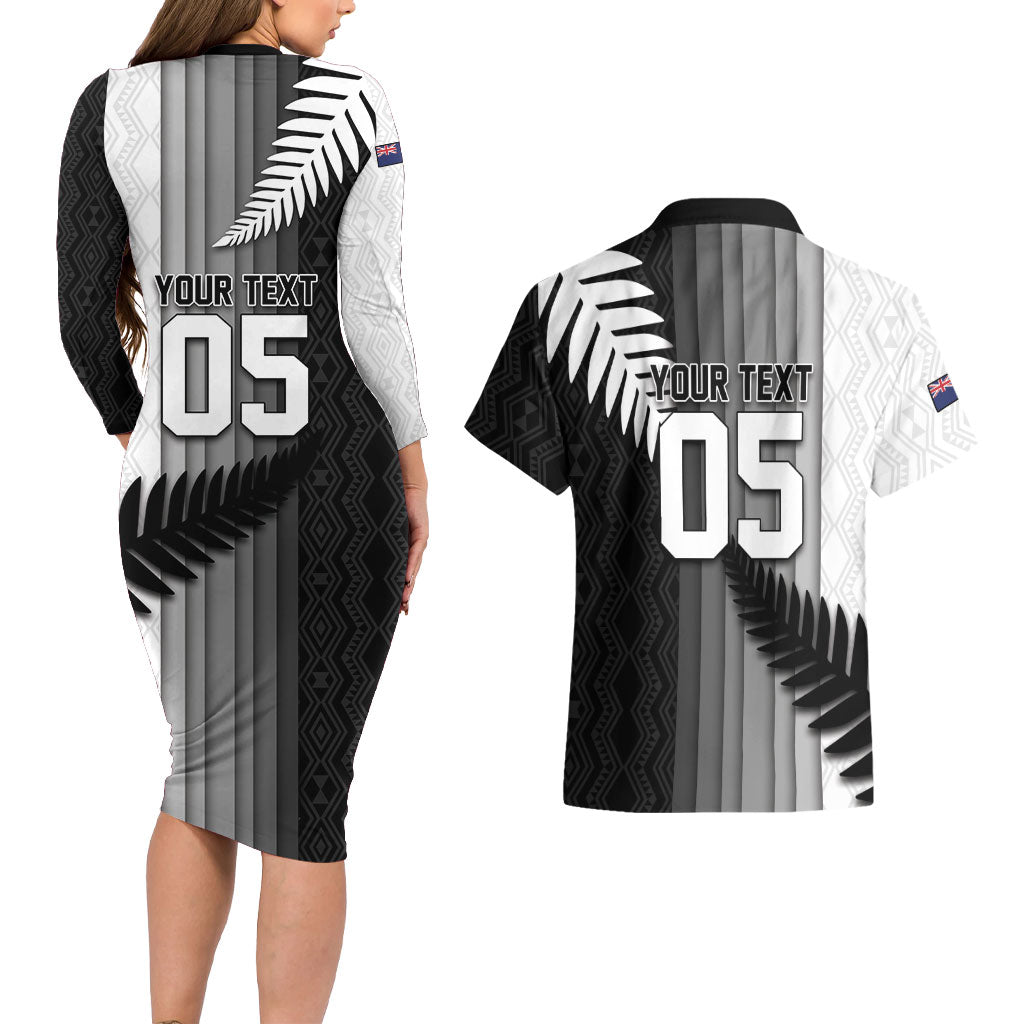 Custom New Zealand Football Couples Matching Long Sleeve Bodycon Dress and Hawaiian Shirt Silver Fern Maori Pattern Monochrome