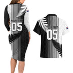 Custom New Zealand Football Couples Matching Long Sleeve Bodycon Dress and Hawaiian Shirt Silver Fern Maori Pattern Monochrome