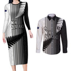 Custom New Zealand Football Couples Matching Long Sleeve Bodycon Dress and Long Sleeve Button Shirt Silver Fern Maori Pattern Monochrome