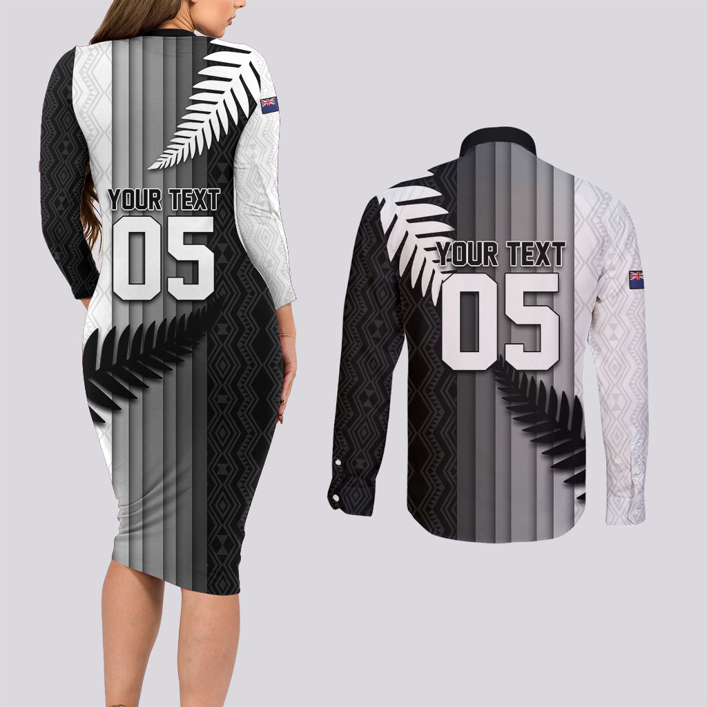 Custom New Zealand Football Couples Matching Long Sleeve Bodycon Dress and Long Sleeve Button Shirt Silver Fern Maori Pattern Monochrome